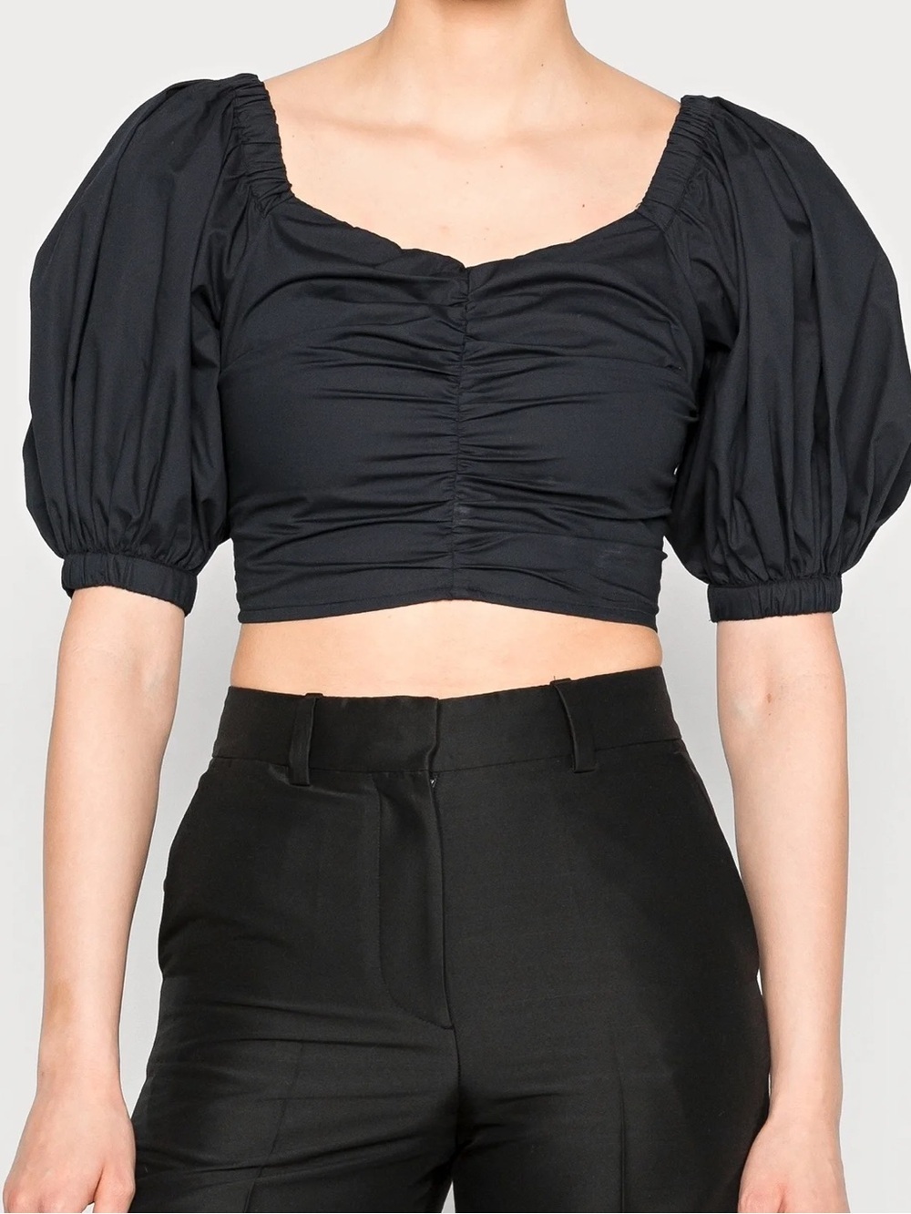 Abercrombie Ruched Puff Sleeve Cropped Blouse in Black - S